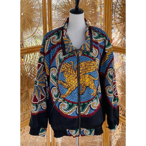 Vintage Giacca Sport Retro Mosaic Griffin Design Mock Neck Windbreaker Jacket - Picture 2 of 6